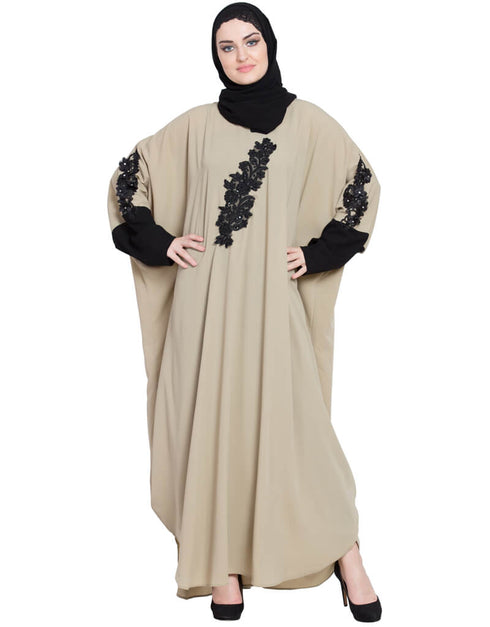 Islamic embellished patch contrast sleeve Kaftan Cream Women Online shopping USA